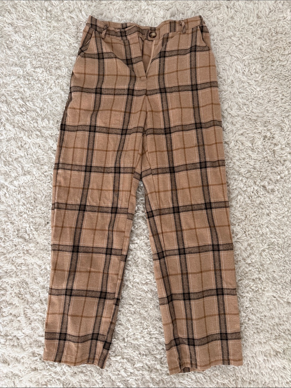 SHEIN Brown Plaid Straight-Leg Casual Trousers